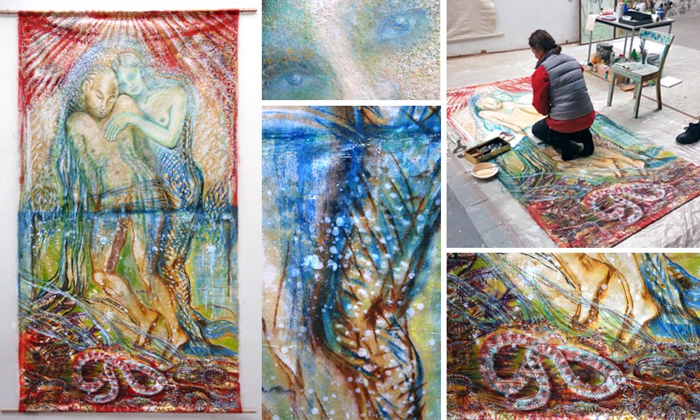 „Nixenpietà (Schöpfung)“ aus dem Triptychon TANDAVA / Nesselbahn 2021, 270 x 140 cm, bemalt mit Ölfarbe, irisierende Ölpastelle, Aquarellkreiden, Acrylfarbe, Pigmente, Schellack, Gummiarabicum
