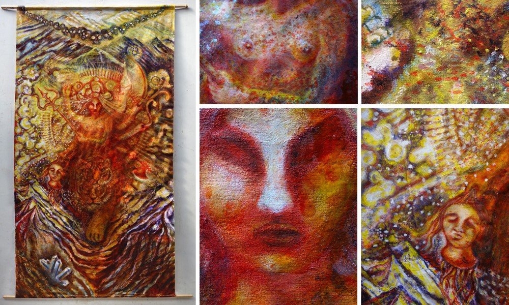 „ZERSTÖRUNG (BHAVANI)“ aus dem Triptychon TANDAVA / Nesselbahn 2021 / 270 x 140 cm, bemalt mit Ölfarbe, irisierende Ölpastelle, Aquarellkreiden, Pigmenten, Walnuss-Sud, Schellack
