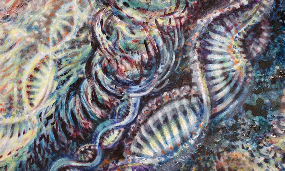 URSCHWINGUNG / 180 x 480 cm in vier Segmenten, 2022 Ölfarbe, Walnuss-Sud, Walnussschalen zerkleinert, Glitter (Detail)