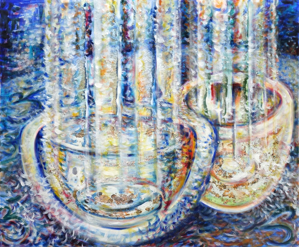 Lichtschalen (OM) 100 x 120 cm, 2023 Ölfarbe, Knochenleim, Blattgold in den verschiedenen Farbnuancen Gold, Silber, Kupfer auf Leinwand
