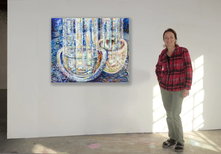 BM vor Lichtschalen (OM) 100 x 120 cm, 2023 Ölfarbe, Knochenleim, Blattgold in den verschiedenen Farbnuancen Gold, Silber, Kupfer auf Leinwand