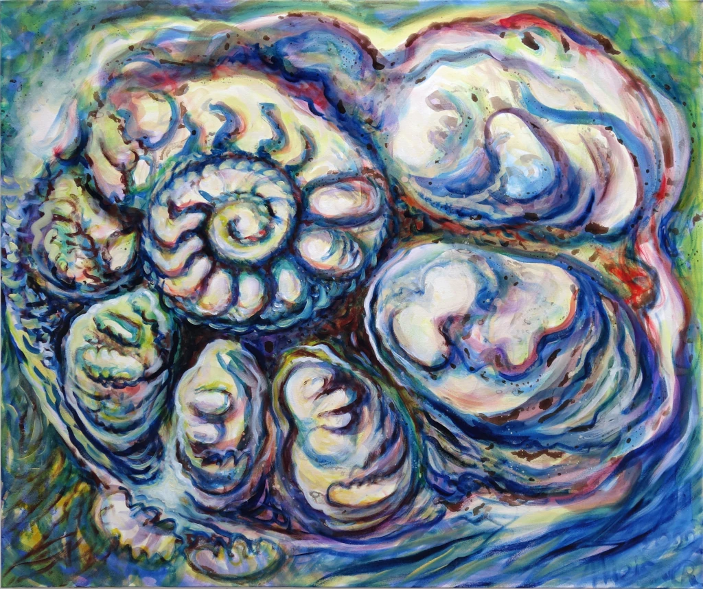 Ammonit (Wasserwesen) Ölfarbe, Walnuss-Sud auf Leinwand 100 x 120 cm, 2022