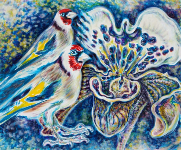 Ölfarbe, irisierende Acrylfarben, Schellack, Walnuss-Sud, Glimmer auf Leinwand 100 x 120 cm, 2024