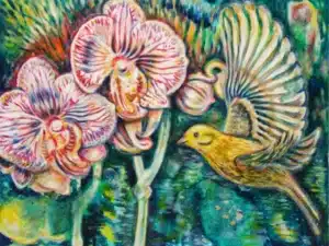 „Goldammer + Orchideee“ - Schellack, Walnuss-Sud, Glimmer auf Leinwand 100 x 120 cm, 2024