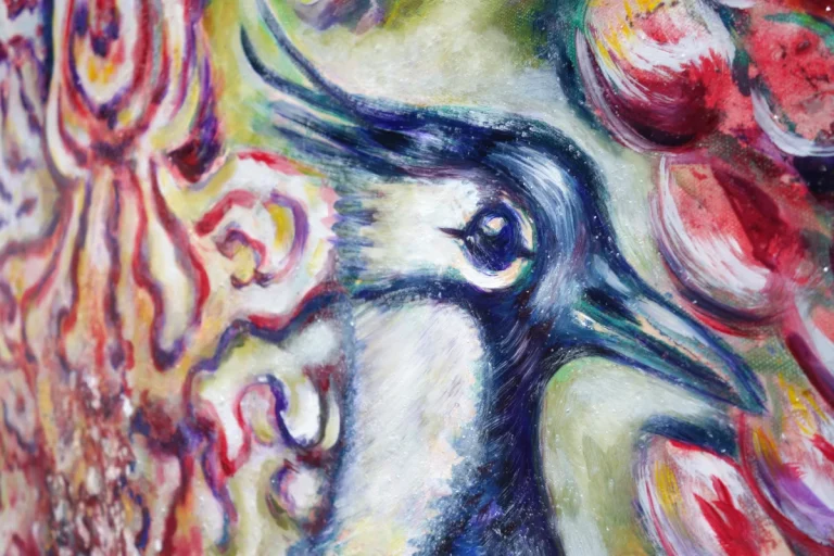 „Kiebitz + Orchideen“ - Ölfarbe, irisierende Acrylfarben, Schellack, Walnuss-Sud, Glimmer auf Leinwand 100 x 120 cm, 2024