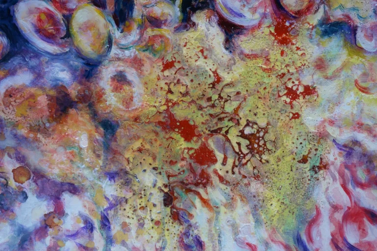 „Kiebitz + Orchideen“ - Ölfarbe, irisierende Acrylfarben, Schellack, Walnuss-Sud, Glimmer auf Leinwand 100 x 120 cm, 2024