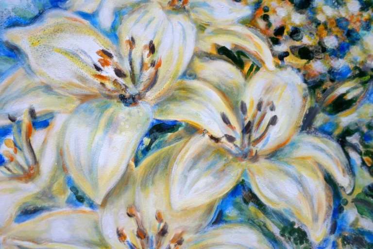 Meisenpaar + Lilien - Ölfarbe, irisierende Acrylfarben, Tusche, Schellack, Walnuss-Sud, Glimmer auf Leinwand 100 x 120 cm, 2024
