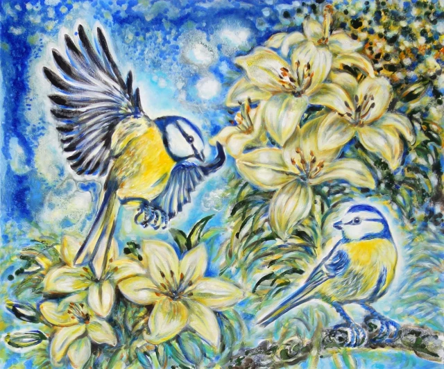 Meisenpaar + Lilien - Ölfarbe, irisierende Acrylfarben, Tusche, Schellack, Walnuss-Sud, Glimmer auf Leinwand 100 x 120 cm, 2024