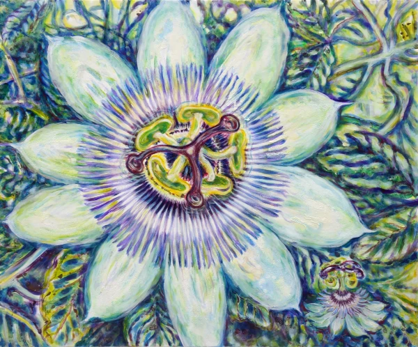 „Passionsblüte – Wunder der Schöpfung" - Ölfarbe, irisierende Acrylfarbe, Walnuss-Sud, Gltter auf Leinwand, 100 x 120 cm, 2024