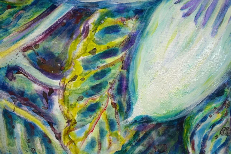 „Passionsblüte – Wunder der Schöpfung" - Ölfarbe, irisierende Acrylfarbe, Walnuss-Sud, Gltter auf Leinwand, 100 x 120 cm, 2024