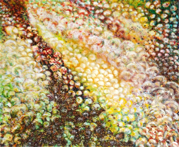 „Pilzteppich“ - Ölfarbe, Glitter, Schellack, Walnuss-Sud, Walnussschalen zerkleinert auf Leinwand, 100 x 120 cm, 2024