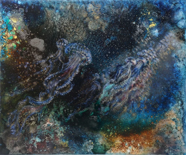 Quallen (nächtliches Atmen) - Ölfarbe, irisierende Acrylfarbe, Schellack, Graphitpuder, Pigmente, Walnuss-Sud auf Leinwand, 100 x 120 cm, 2024