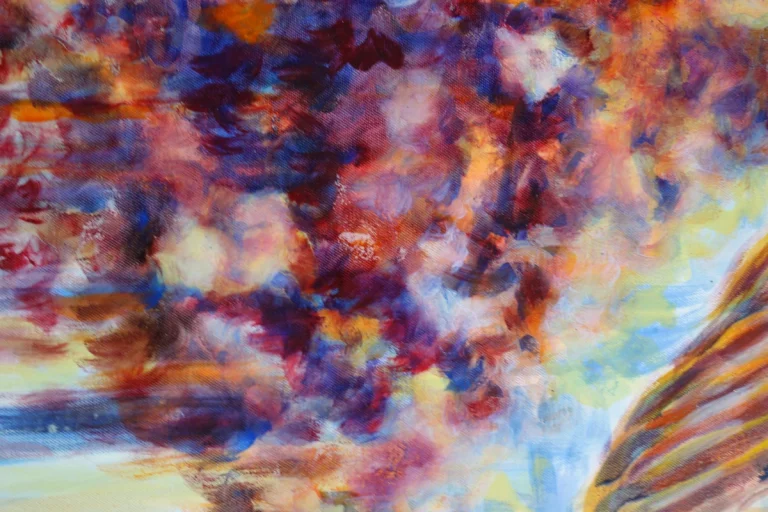 „Rotkelchen auf Ast“ - Ölfarbe, irisierende Acrylfarben, Schellack, Walnuss-Sud, Glimmer auf Leinwand 100 x 120 cm, 2024