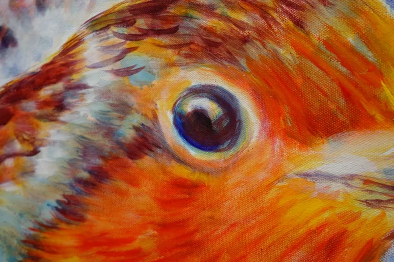 „Rotkelchen auf Ast“ - Ölfarbe, irisierende Acrylfarben, Schellack, Walnuss-Sud, Glimmer auf Leinwand 100 x 120 cm, 2024