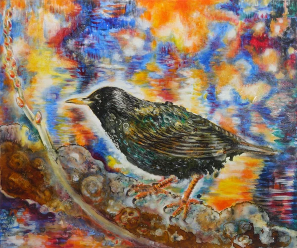 „Star auf Ast“ - Ölfarbe, irisierende Acrylfarben, Schellack, Walnuss-Sud, Glimmer auf Leinwand 100 x 120 cm, 2024