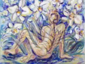 Innere Orchidee (violett-weiß) 50 x 60 cm, 2023 Ölfarbe, Tusche, Schelllack, Gummiarabicum auf Leinwand