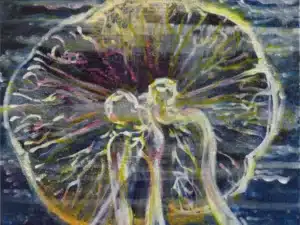 „Leuchtqualle“ 50 x 60 cm, 2023 Ölfarbe, Tusche, Schelllack, irisierende Acrylfarbe, Gummiarabicum auf Leinwand
