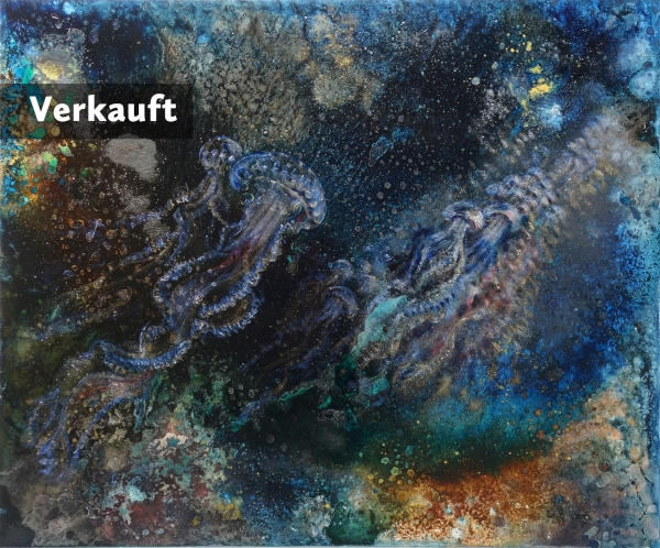 Quallen (nächtliches Atmen) - Ölfarbe, irisierende Acrylfarbe, Schellack, Graphitpuder, Pigmente, Walnuss-Sud auf Leinwand, 100 x 120 cm, 2024
