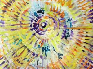 „Inneres Licht (gelb-orange+violett)“ 50 x 60 cm, 2023 Ölfarbe, irisierende Acrylfarben, Walnuss-Sud, Glitter auf Leinwand