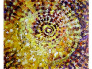 INNERES LICHT – STERNENSTAUB - Original-Ölbild 50 x 60 cm, 2023, Ölfarbe, Walnuss-Sud, Tusche, Schellack, goldenes Schlagmetall auf Leinwand