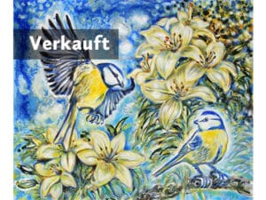 MEISENPAAR + LILIEN Original-Ölbild, 100 x 120 cm, 2024, Ölfarbe, irisierende Acrylfarben, Tusche, Schellack, Walnuss-Sud, Glimmer auf Leinwand