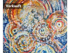 LICHTZELLEN - Original-Ölbild, 100 x 120 cm, 2023 (überarbeitet 2025), Ölfarbe, irisierende Acrylfarbe, Fluoreszenzgelb, Tusche, Schellack, Blauholzspäne, Walnussschalen zerkleinert, Walnuss-Sud auf Leinwand