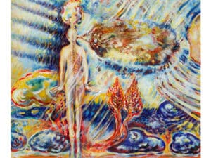 DAS HÖREN IN DIE WELT - Original-Ölbild 100 x 120 cm, 2024, Ölfarbe, irisierende Goldfarbe, Walnuss-Sud auf Leinwand
