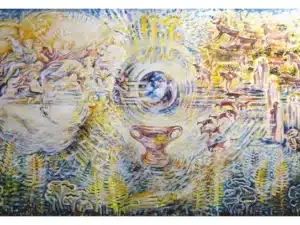 WE ARE ALL ONE - 190 x 300 x 4,5 cm, 2024 - Ölfarbe, Glitter, Schellack, Walnussschalen zerkleinert auf Leinwand, 2023