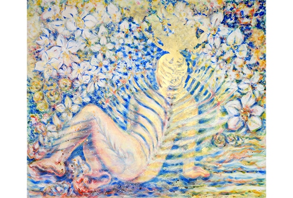 SELTENES AUFBLÜHEN (INNERE ORCHIDEE) Original-Ölbild 100 x 120 cm, 2024, Ölfarbe, Schellack, Walnuss-Sud, irisierende Goldfarbe auf Leinwand