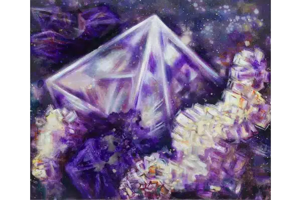 VIOLETTER KRISTALL - 50 x 60 cm, 2024 - Ölfarbe, Schellack, Walnuss-Sud, irisierende Acrylfarbe auf Leinwand
