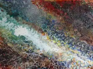 ERDE (aus der Serie ELEMENTE) - 80 x 120 x 4,5 cm, 2024 - Ölfarbe, Schellack, Walnuss-Sud, zerkleinerte Walnussschalen, Erde, Silberfarbe, Ölkreide, Glitter auf Leinwand