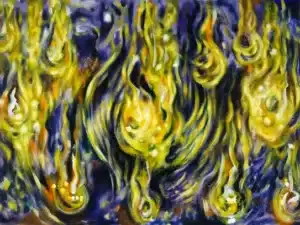 FEUER (aus der Serie ELEMENTE) - 80 x 120 x 4,5 cm, 2024 - Ölfarbe, Schellack, Walnuss-Sud, Glitter auf Leinwand