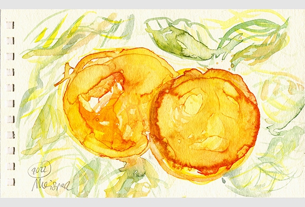 ORANGEN (DOPPELSONNE) - Aquarell auf Aquarellpapier_15 x 24 cm, Toscana 2022. Die Unikate sind auf der Rückseite datiert und signiert.
