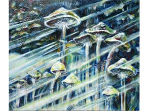 MAGIC MUSHROOM (PSYLOCIBIN-MEDIZIN) - Original-Ölbild 50 x 60 cm, 2024, Ölfarbe, Schellack, Walnuss-Sud, irisierende Acrylfarbe auf Leinwand