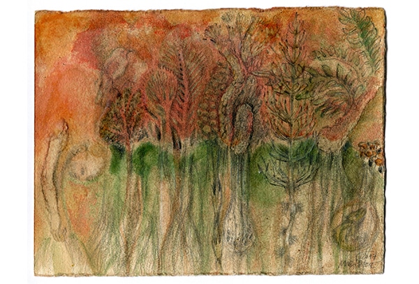 UR-GARTEN - Original-Zeichnung 24 x 18 cm, 2017, Graphitstift, Aquarellstift, Acrylfarbe, transparenter Lack auf präpariertem Büttenpapier