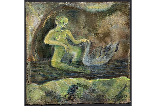 LEDA UND DER SCHWAN IN EINER HÖHLE Original-Zeichnung 15,8 x 15,8 cm, 2019, Aquarellstift, Aquarellfarbe, transparenter Lack, irisierende Ölkreide auf präpariertem Papier