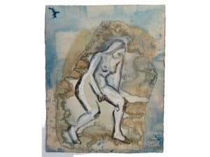 VERSUNKEN-SEIN - Original-Zeichnung 24,5 x 20 cm, 2021, Tusche, Ölkreide, Farbe aus Färberwaid auf Japanpapier, collagiert auf präpariertes Papier
