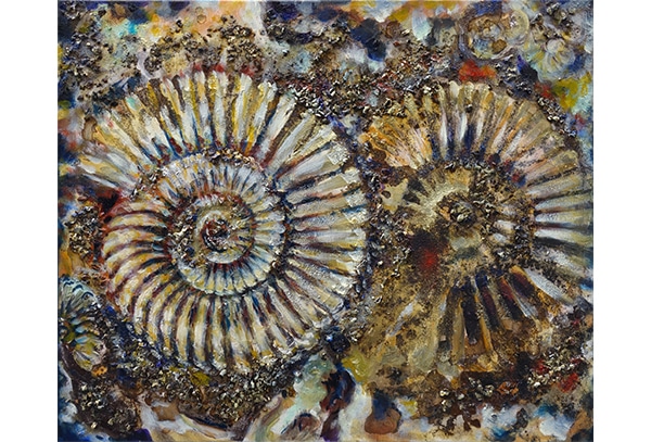 DOPPELAMMONIT Original-Ölbild 50 x 60 cm, 2023, Ölfarbe, irisierende Acrylfarbe, Walnussschalen zerkleinert, Schellack auf Leinwand