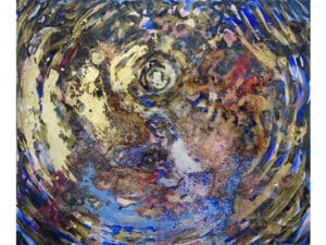 Aus der 6er-Serie INNERES LICHT – GOLDENE NACHT - Original-Ölbilde 100 x 120 x 4,5 cm, 2023, Ölfarbe, Schellack, Walnuss-Sud, irisierende Acrylfarbe, Glitter auf Leinwand