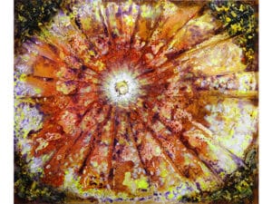 Aus der 6er-Serie INNERES LICHT – ROTE SONNE - Original-Ölbilde 100 x 120 x 4,5 cm, 2023, Ölfarbe, Lack, Schellack, Walnuss-Sud, irisierende Acrylfarbe, Glitter auf Leinwand