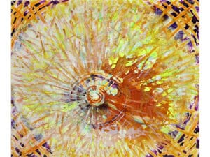 Aus der 6er-Serie INNERES LICHT – SEELENFELD - Original-Ölbilde 100 x 120 x 4,5 cm, 2023, Ölfarbe, Schellack, Walnuss-Sud, irisierende Acrylfarbe, Glitter auf Leinwand