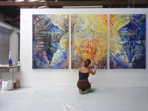 DAS UNBEWUSSTE (Triptychon) Original-Ölbild 180 x 360 cm (Triptychon je 180 x 120 cm), 2024, Ölfarbe, Walnuss-Sud, Schellack, Glitter auf Leinwand