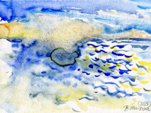ALONNISOS – MAGIC BLUE & YELLOW aus der Serie „Magic Alonnisos“ Original-Aquarell auf Aquarellpapier, 17 x 24 cm, Alonnisos, Griechenland Juni 2025