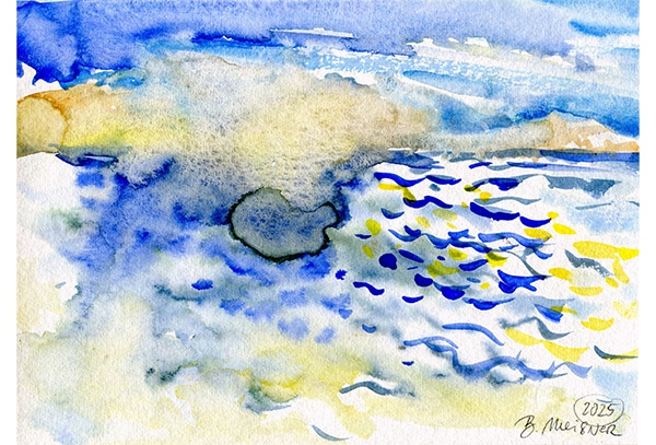 ALONNISOS – MAGIC BLUE & YELLOW aus der Serie „Magic Alonnisos“ Original-Aquarell auf Aquarellpapier, 17 x 24 cm, Alonnisos, Griechenland Juni 2025