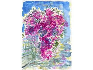 ALONNISOS – MAGIC GREEK OLEANDER WITH FENCE aus der Serie „Magic Alonnisos“ - Original-Aquarell auf Aquarellpapier, 17 x 24 cm, Alonnisos, Griechenland Juni 2025