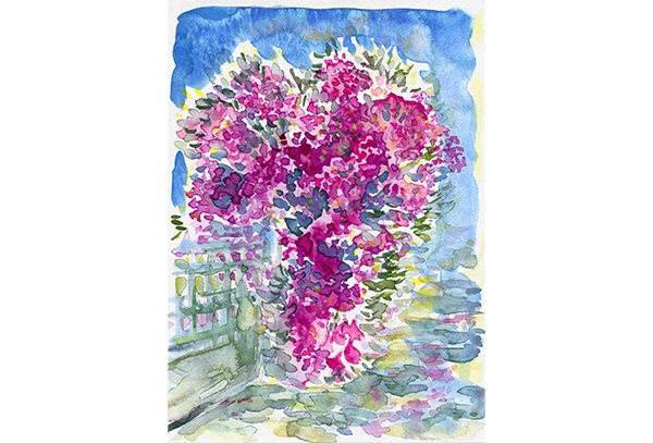 ALONNISOS – MAGIC GREEK OLEANDER WITH FENCE aus der Serie „Magic Alonnisos“ - Original-Aquarell auf Aquarellpapier, 17 x 24 cm, Alonnisos, Griechenland Juni 2025
