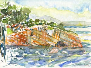 ALONNISOS – MAGIC ISLAND COAST aus der Serie „Magic Alonnisos“ Original-Aquarell auf Aquarellpapier, 17 x 24 cm, Alonnisos, Griechenland Juni 2025
