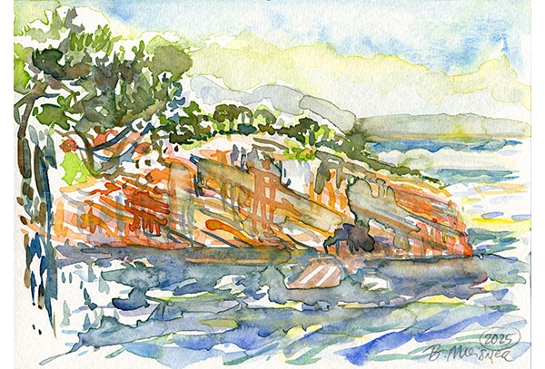 ALONNISOS – MAGIC ISLAND COAST aus der Serie „Magic Alonnisos“ Original-Aquarell auf Aquarellpapier, 17 x 24 cm, Alonnisos, Griechenland Juni 2025