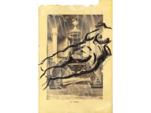 LA CHAIRE - Original-Zeichnung auf ausgerissener Buchseite 23,5 x 15,2 cm, 1993, Tusche, Wachs