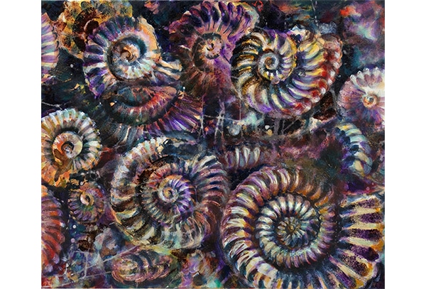 AMMONITEN – URZEIT - Original-Ölbild 50 x 60 cm, 2023, Ölfarbe, irisierende Acrylfarben, Schellack, Walnuss-Sud, Erde, Glitter auf Leinwand